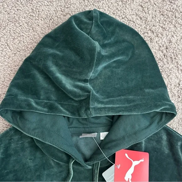 Puma Deep Green Velour Hoodie Logo Embroidered Womens S - Picture 8 of 14